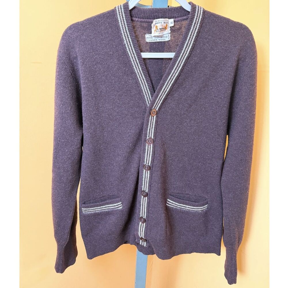 Vtg 60s CAMPUS Lambswool Cardigan Sweater Mens 42 M L Brown Tipped Grandpacore